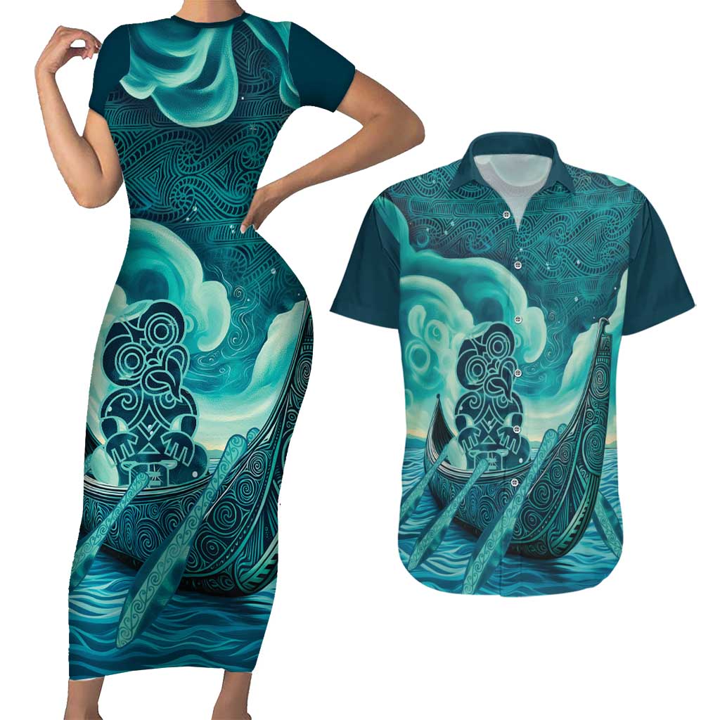 Personalised New Zealand Waitangi Day Couples Matching Short Sleeve Bodycon Dress and Hawaiian Shirt Hei Tiki With Maori Waka - Whakarare Pattern LT14 Dark Cyan - Polynesian Pride