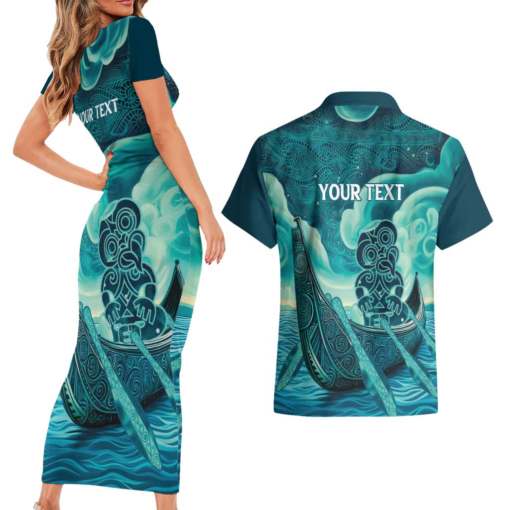 Personalised New Zealand Waitangi Day Couples Matching Short Sleeve Bodycon Dress and Hawaiian Shirt Hei Tiki With Maori Waka - Whakarare Pattern LT14 - Polynesian Pride