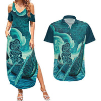 Personalised New Zealand Waitangi Day Couples Matching Summer Maxi Dress and Hawaiian Shirt Hei Tiki With Maori Waka - Whakarare Pattern LT14 Dark Cyan - Polynesian Pride