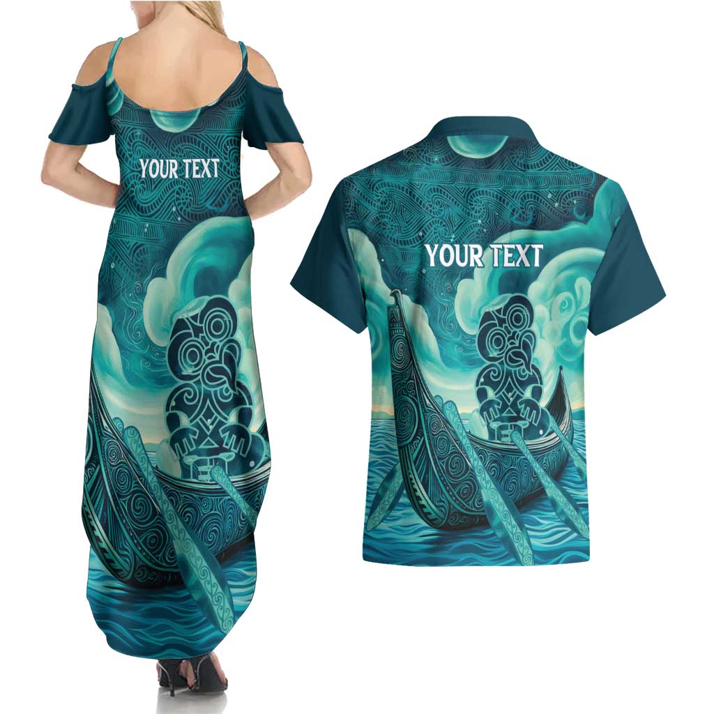 Personalised New Zealand Waitangi Day Couples Matching Summer Maxi Dress and Hawaiian Shirt Hei Tiki With Maori Waka - Whakarare Pattern LT14 - Polynesian Pride
