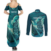 Personalised New Zealand Waitangi Day Couples Matching Summer Maxi Dress and Long Sleeve Button Shirt Hei Tiki With Maori Waka - Whakarare Pattern LT14 - Polynesian Pride