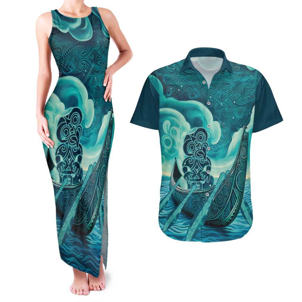 Personalised New Zealand Waitangi Day Couples Matching Tank Maxi Dress and Hawaiian Shirt Hei Tiki With Maori Waka - Whakarare Pattern LT14 Dark Cyan - Polynesian Pride