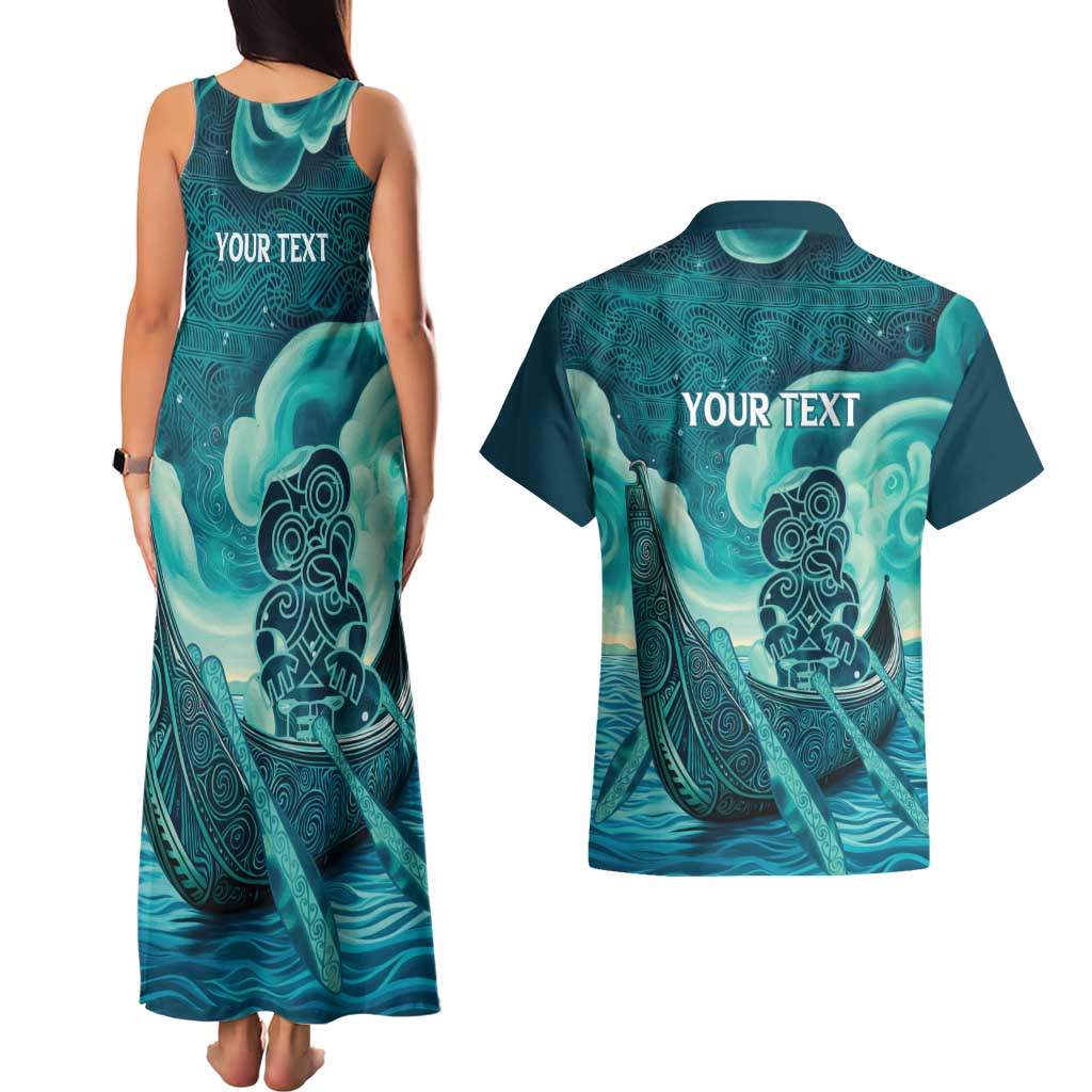 Personalised New Zealand Waitangi Day Couples Matching Tank Maxi Dress and Hawaiian Shirt Hei Tiki With Maori Waka - Whakarare Pattern LT14 - Polynesian Pride