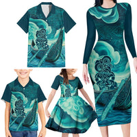 Personalised New Zealand Waitangi Day Family Matching Long Sleeve Bodycon Dress and Hawaiian Shirt Hei Tiki With Maori Waka - Whakarare Pattern LT14 - Polynesian Pride