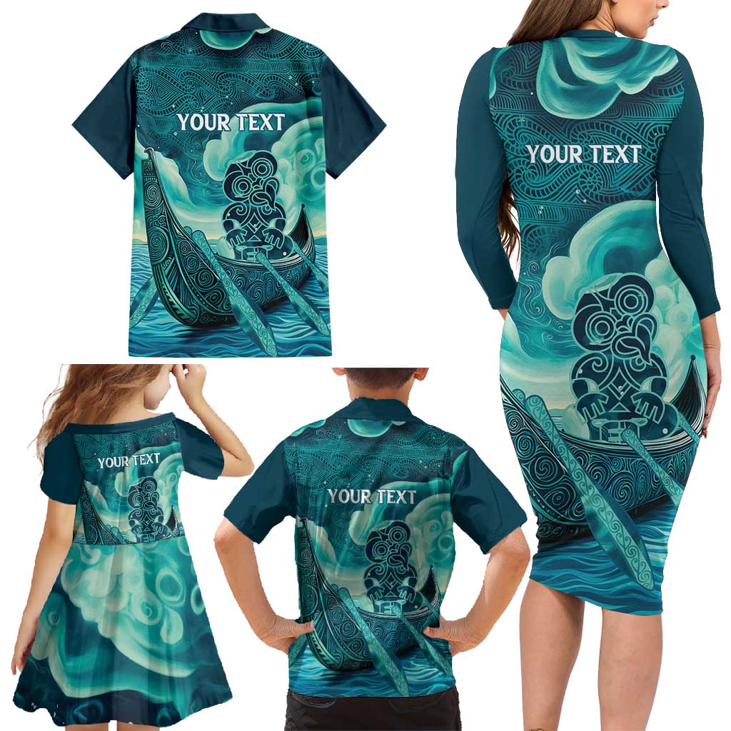Personalised New Zealand Waitangi Day Family Matching Long Sleeve Bodycon Dress and Hawaiian Shirt Hei Tiki With Maori Waka - Whakarare Pattern LT14 - Polynesian Pride