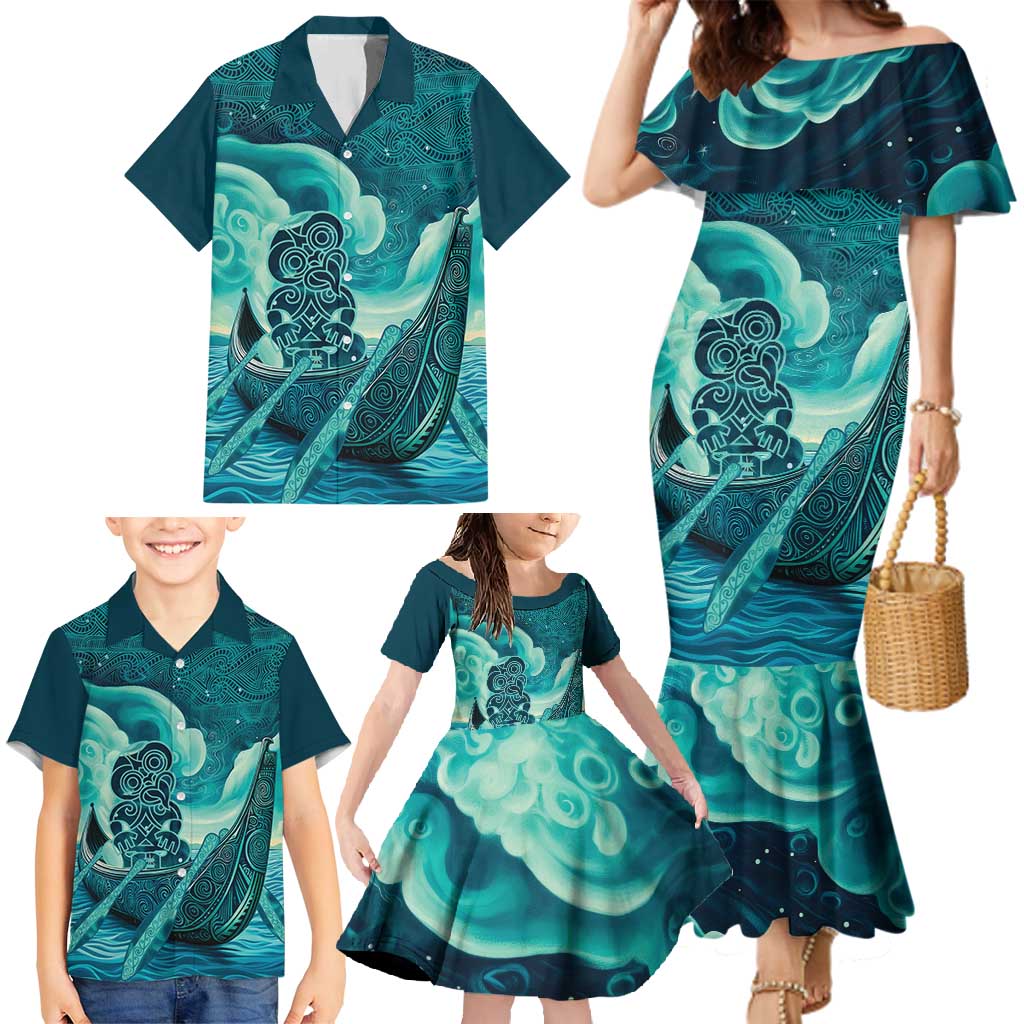 Personalised New Zealand Waitangi Day Family Matching Mermaid Dress and Hawaiian Shirt Hei Tiki With Maori Waka - Whakarare Pattern LT14 - Polynesian Pride