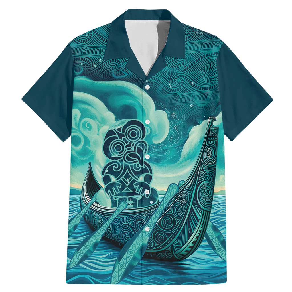 Personalised New Zealand Waitangi Day Family Matching Mermaid Dress and Hawaiian Shirt Hei Tiki With Maori Waka - Whakarare Pattern LT14 Dad's Shirt - Short Sleeve Dark Cyan - Polynesian Pride