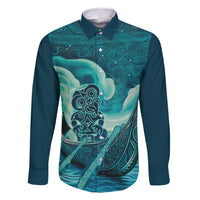 Personalised New Zealand Waitangi Day Family Matching Mermaid Dress and Hawaiian Shirt Hei Tiki With Maori Waka - Whakarare Pattern LT14 Dad's Shirt - Long Sleeve Dark Cyan - Polynesian Pride