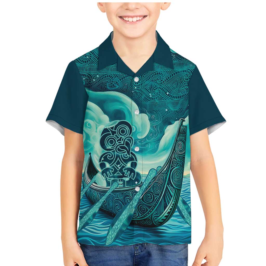 Personalised New Zealand Waitangi Day Family Matching Mermaid Dress and Hawaiian Shirt Hei Tiki With Maori Waka - Whakarare Pattern LT14 Son's Shirt Dark Cyan - Polynesian Pride