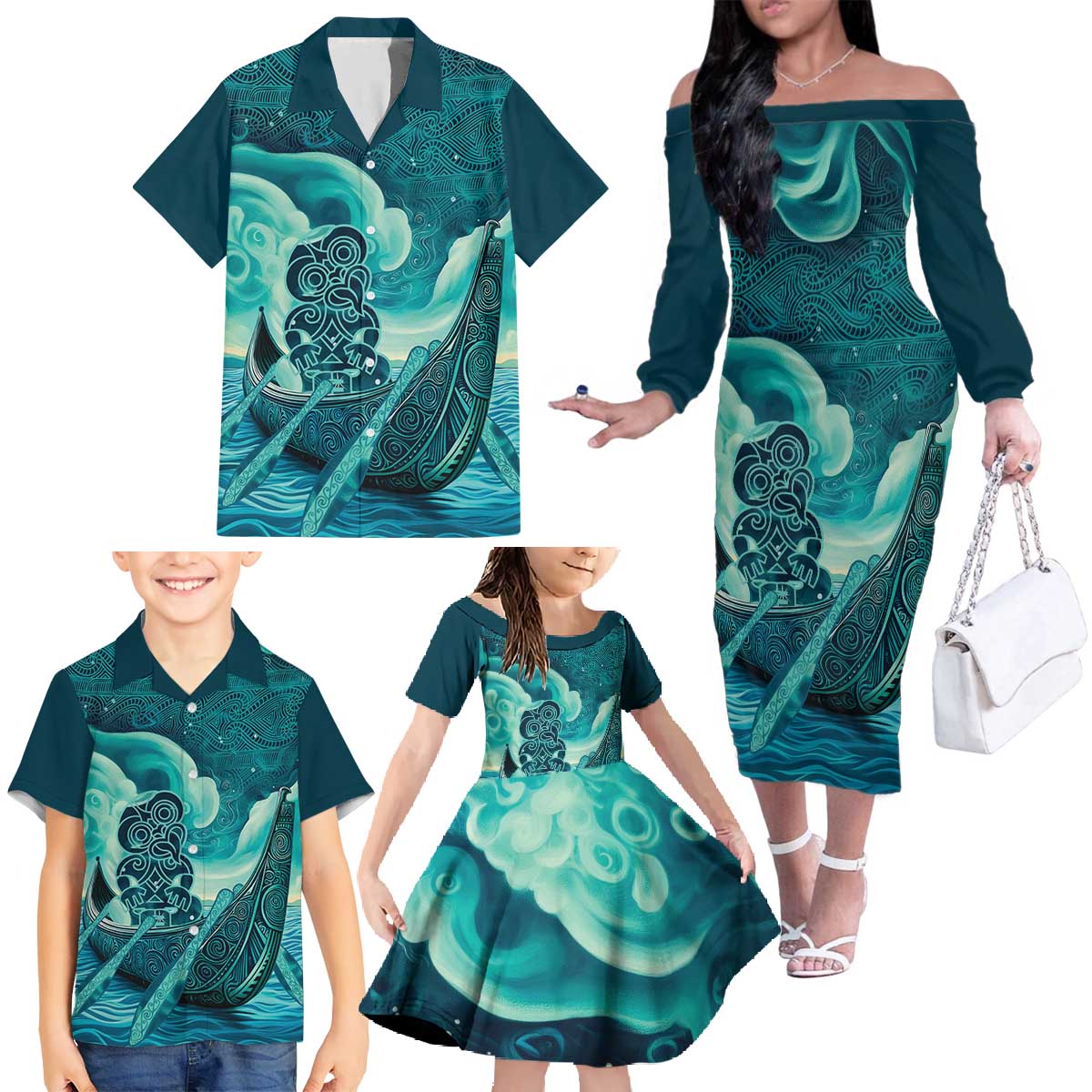 Personalised New Zealand Waitangi Day Family Matching Off The Shoulder Long Sleeve Dress and Hawaiian Shirt Hei Tiki With Maori Waka - Whakarare Pattern LT14 - Polynesian Pride