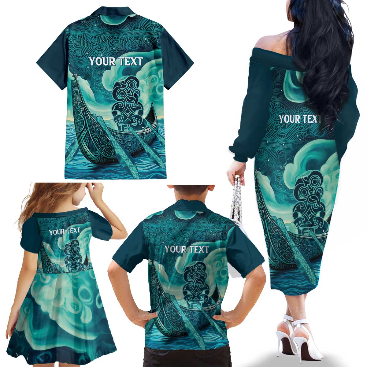 Personalised New Zealand Waitangi Day Family Matching Off The Shoulder Long Sleeve Dress and Hawaiian Shirt Hei Tiki With Maori Waka - Whakarare Pattern LT14 - Polynesian Pride