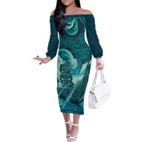 Personalised New Zealand Waitangi Day Family Matching Off The Shoulder Long Sleeve Dress and Hawaiian Shirt Hei Tiki With Maori Waka - Whakarare Pattern LT14 Mom's Dress Dark Cyan - Polynesian Pride