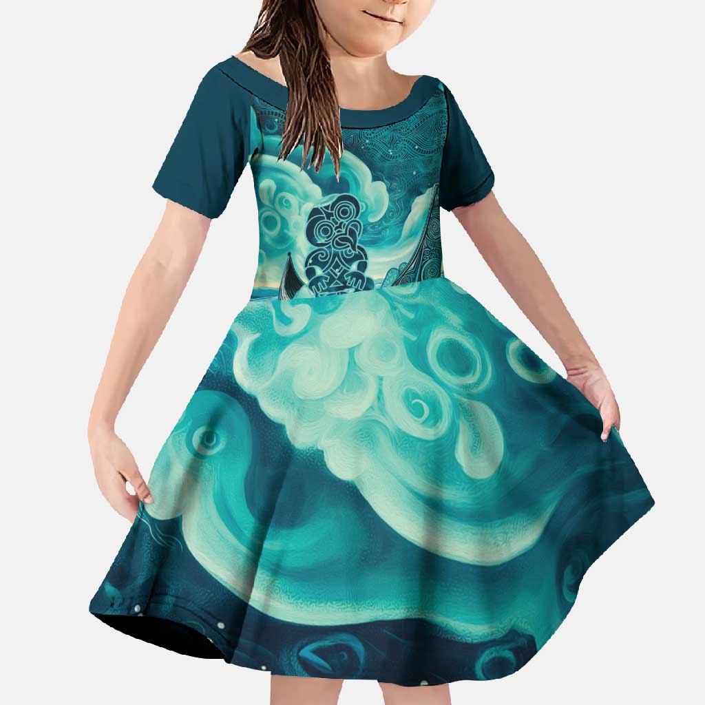 Personalised New Zealand Waitangi Day Family Matching Off Shoulder Maxi Dress and Hawaiian Shirt Hei Tiki With Maori Waka - Whakarare Pattern LT14 Daughter's Dress Dark Cyan - Polynesian Pride