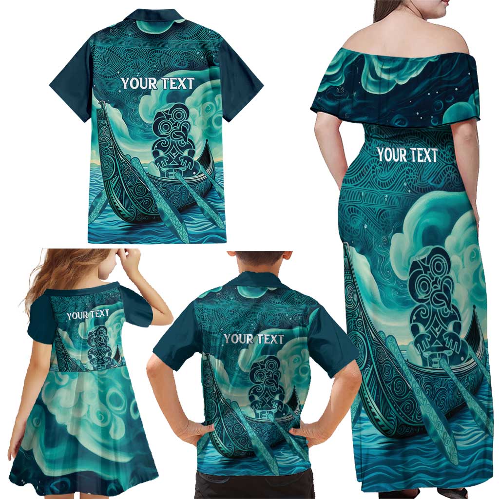 Personalised New Zealand Waitangi Day Family Matching Off Shoulder Maxi Dress and Hawaiian Shirt Hei Tiki With Maori Waka - Whakarare Pattern LT14 - Polynesian Pride
