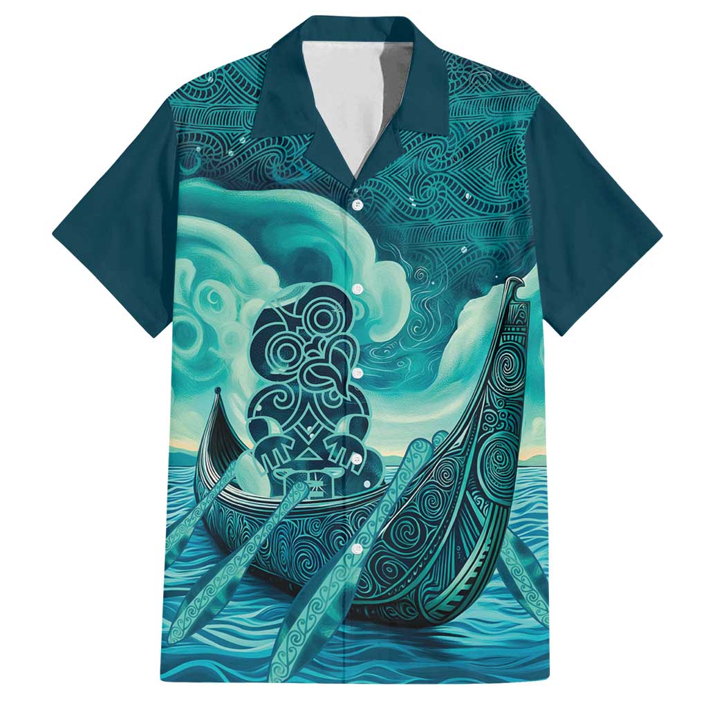 Personalised New Zealand Waitangi Day Family Matching Off Shoulder Maxi Dress and Hawaiian Shirt Hei Tiki With Maori Waka - Whakarare Pattern LT14 Dad's Shirt - Short Sleeve Dark Cyan - Polynesian Pride