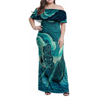 Personalised New Zealand Waitangi Day Family Matching Off Shoulder Maxi Dress and Hawaiian Shirt Hei Tiki With Maori Waka - Whakarare Pattern LT14 Mom's Dress Dark Cyan - Polynesian Pride