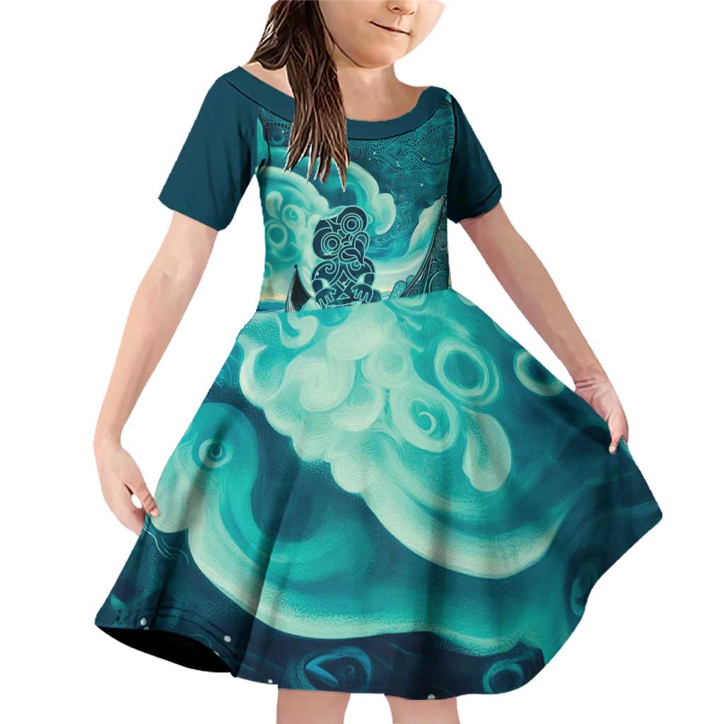 Personalised New Zealand Waitangi Day Family Matching Off Shoulder Short Dress and Hawaiian Shirt Hei Tiki With Maori Waka - Whakarare Pattern LT14 Daughter's Dress Dark Cyan - Polynesian Pride