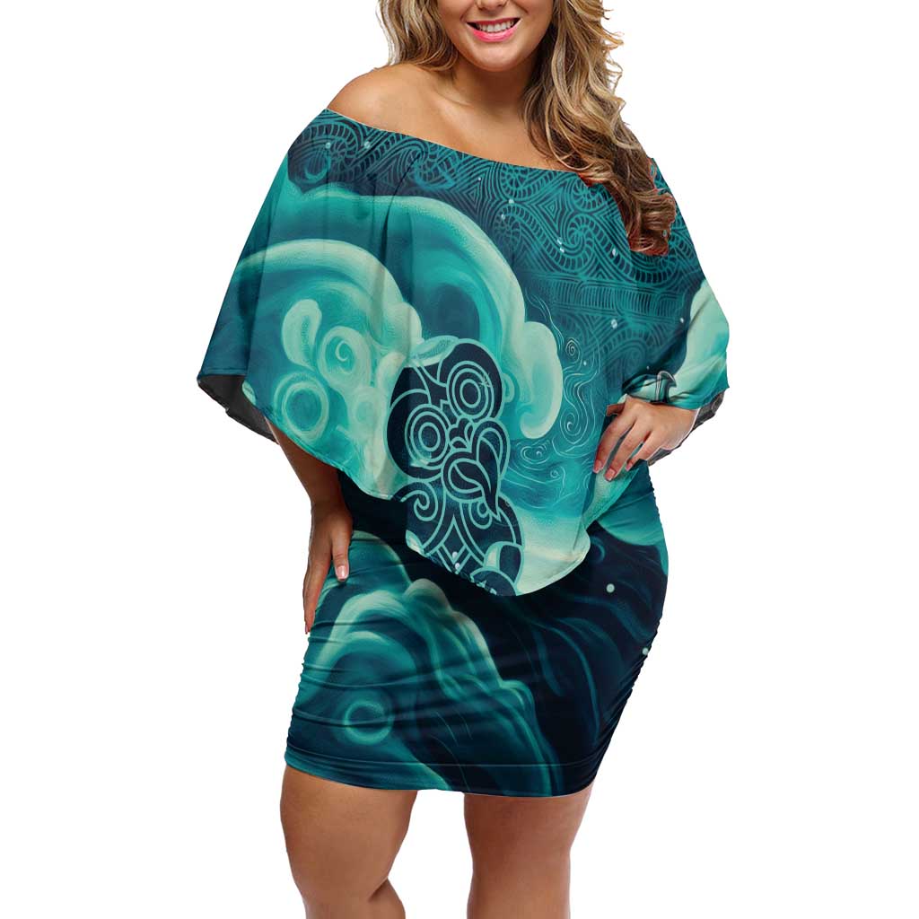 Personalised New Zealand Waitangi Day Family Matching Off Shoulder Short Dress and Hawaiian Shirt Hei Tiki With Maori Waka - Whakarare Pattern LT14 Mom's Dress Dark Cyan - Polynesian Pride