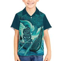 Personalised New Zealand Waitangi Day Family Matching Off Shoulder Short Dress and Hawaiian Shirt Hei Tiki With Maori Waka - Whakarare Pattern LT14 Son's Shirt Dark Cyan - Polynesian Pride