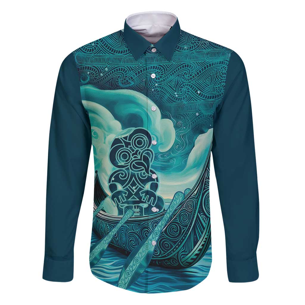 Personalised New Zealand Waitangi Day Family Matching Puletasi and Hawaiian Shirt Hei Tiki With Maori Waka - Whakarare Pattern LT14 Dad's Shirt - Long Sleeve Dark Cyan - Polynesian Pride