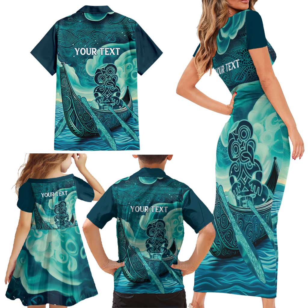 Personalised New Zealand Waitangi Day Family Matching Short Sleeve Bodycon Dress and Hawaiian Shirt Hei Tiki With Maori Waka - Whakarare Pattern LT14 - Polynesian Pride