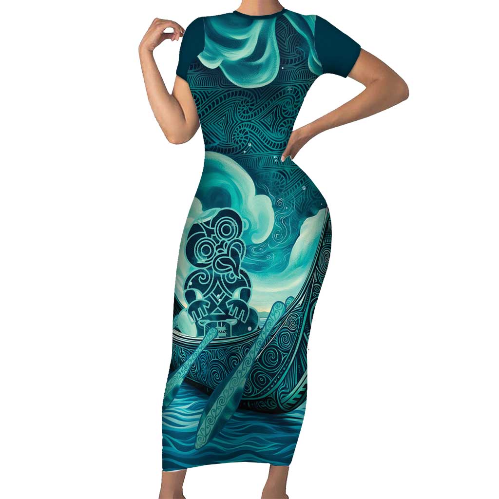 Personalised New Zealand Waitangi Day Family Matching Short Sleeve Bodycon Dress and Hawaiian Shirt Hei Tiki With Maori Waka - Whakarare Pattern LT14 Mom's Dress Dark Cyan - Polynesian Pride