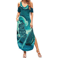 Personalised New Zealand Waitangi Day Family Matching Summer Maxi Dress and Hawaiian Shirt Hei Tiki With Maori Waka - Whakarare Pattern LT14 Mom's Dress Dark Cyan - Polynesian Pride
