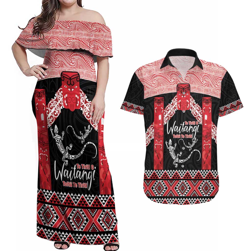 Toitu Te Tiriti O Waitangi Couples Matching Off Shoulder Maxi Dress and Hawaiian Shirt Maori Wharenui With Taniko Motifs LT14 Red - Polynesian Pride