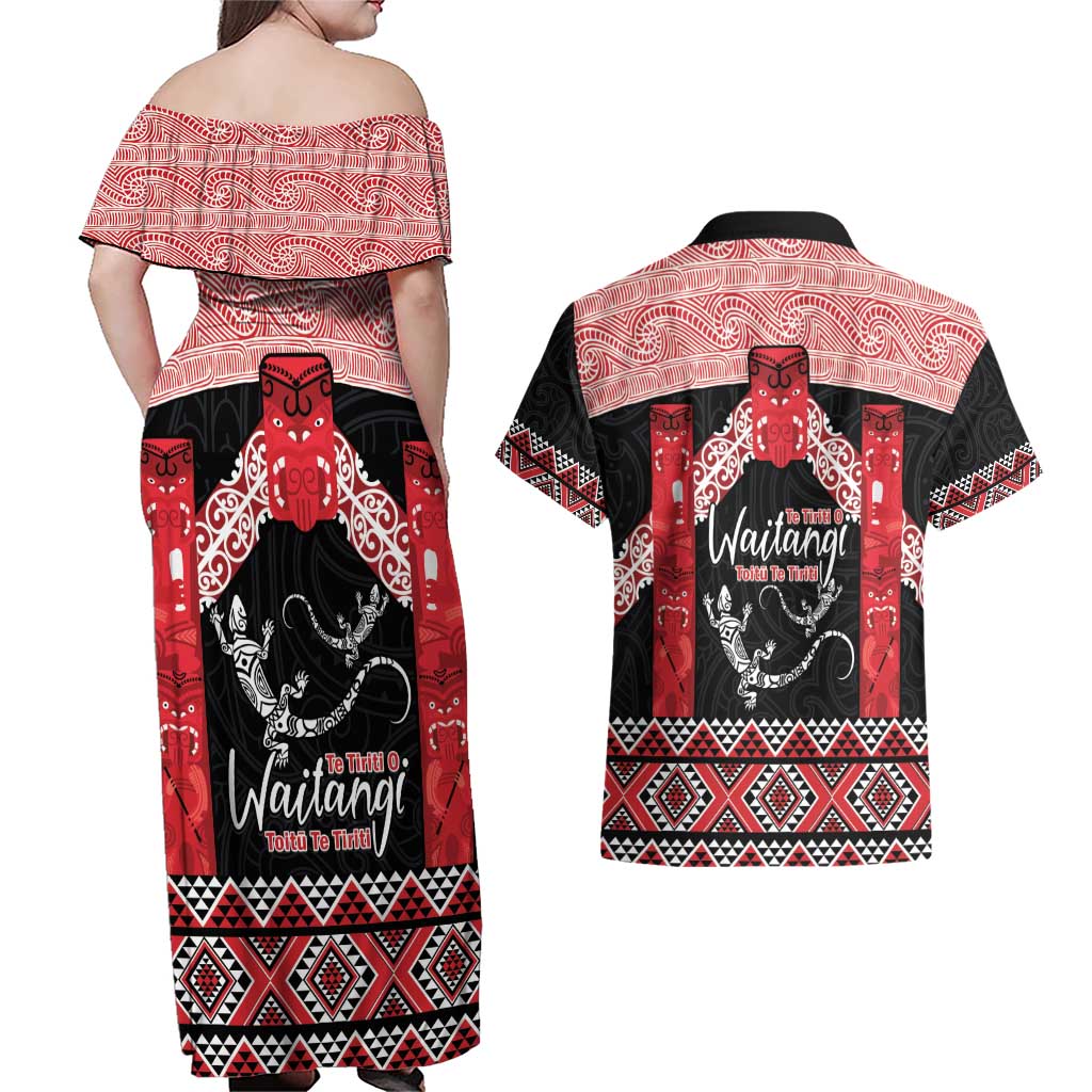 Toitu Te Tiriti O Waitangi Couples Matching Off Shoulder Maxi Dress and Hawaiian Shirt Maori Wharenui With Taniko Motifs LT14 - Polynesian Pride