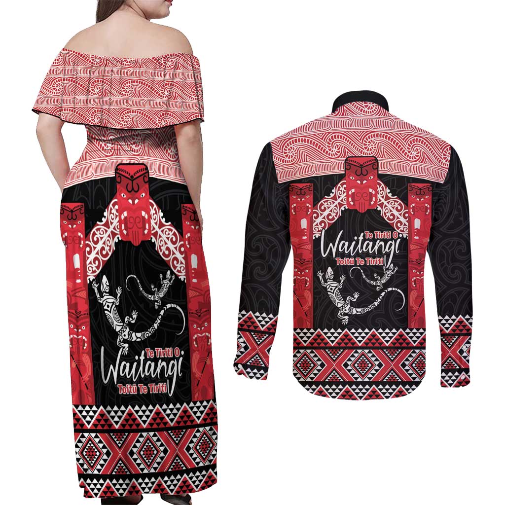 Toitu Te Tiriti O Waitangi Couples Matching Off Shoulder Maxi Dress and Long Sleeve Button Shirt Maori Wharenui With Taniko Motifs LT14 - Polynesian Pride