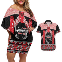 Toitu Te Tiriti O Waitangi Couples Matching Off Shoulder Short Dress and Hawaiian Shirt Maori Wharenui With Taniko Motifs LT14 Red - Polynesian Pride