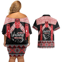 Toitu Te Tiriti O Waitangi Couples Matching Off Shoulder Short Dress and Hawaiian Shirt Maori Wharenui With Taniko Motifs LT14 - Polynesian Pride