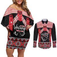 Toitu Te Tiriti O Waitangi Couples Matching Off Shoulder Short Dress and Long Sleeve Button Shirt Maori Wharenui With Taniko Motifs LT14 Red - Polynesian Pride