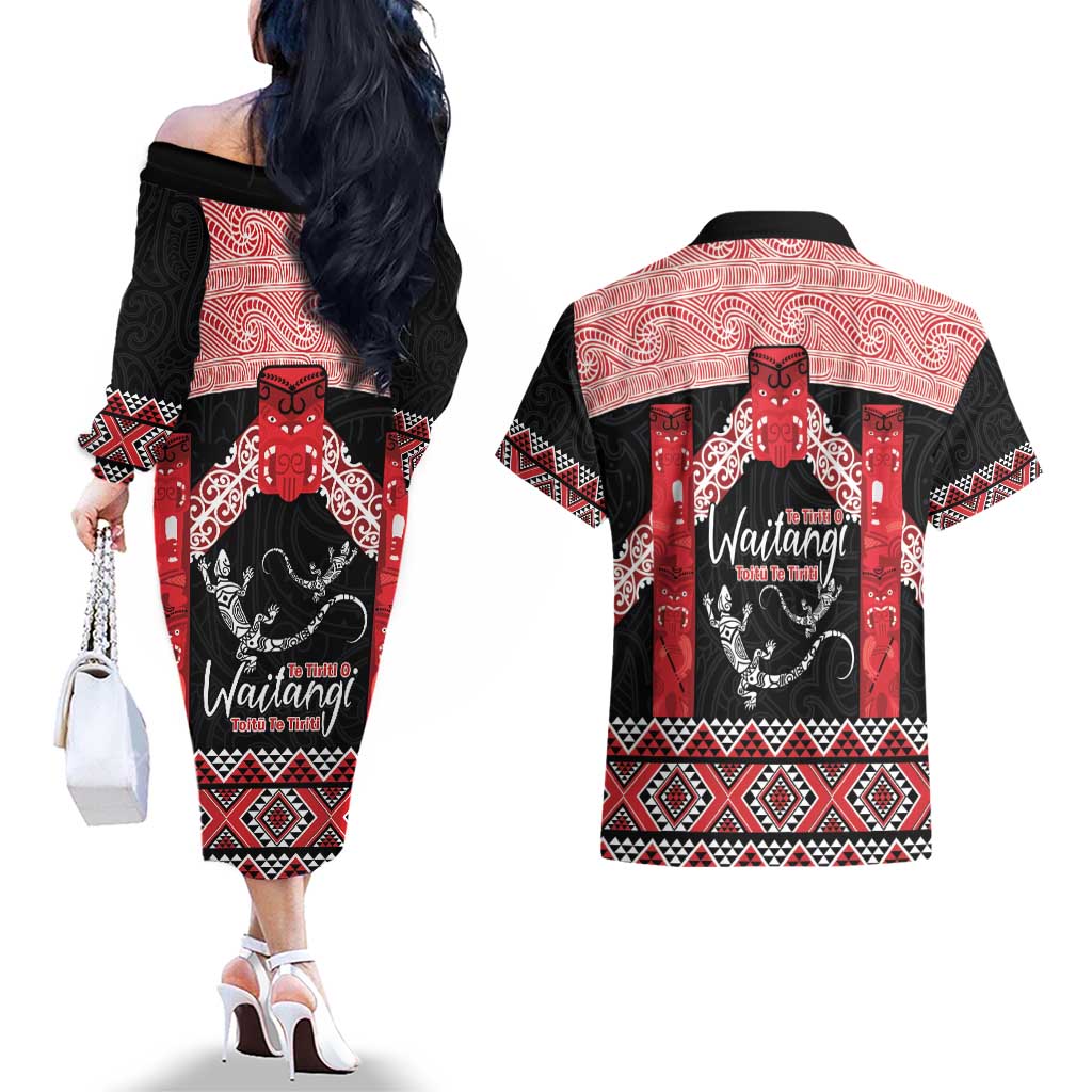 Toitu Te Tiriti O Waitangi Couples Matching Off The Shoulder Long Sleeve Dress and Hawaiian Shirt Maori Wharenui With Taniko Motifs LT14 - Polynesian Pride