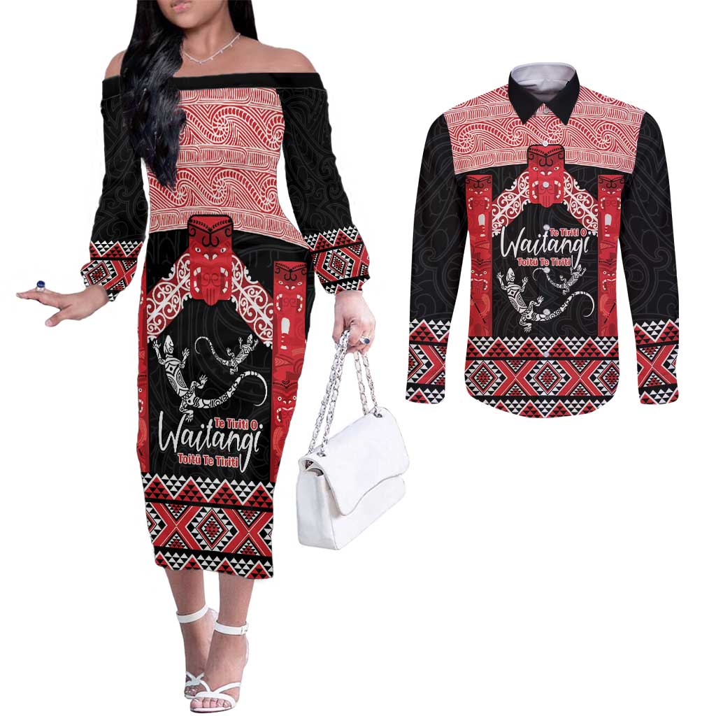 Toitu Te Tiriti O Waitangi Couples Matching Off The Shoulder Long Sleeve Dress and Long Sleeve Button Shirt Maori Wharenui With Taniko Motifs LT14 Red - Polynesian Pride