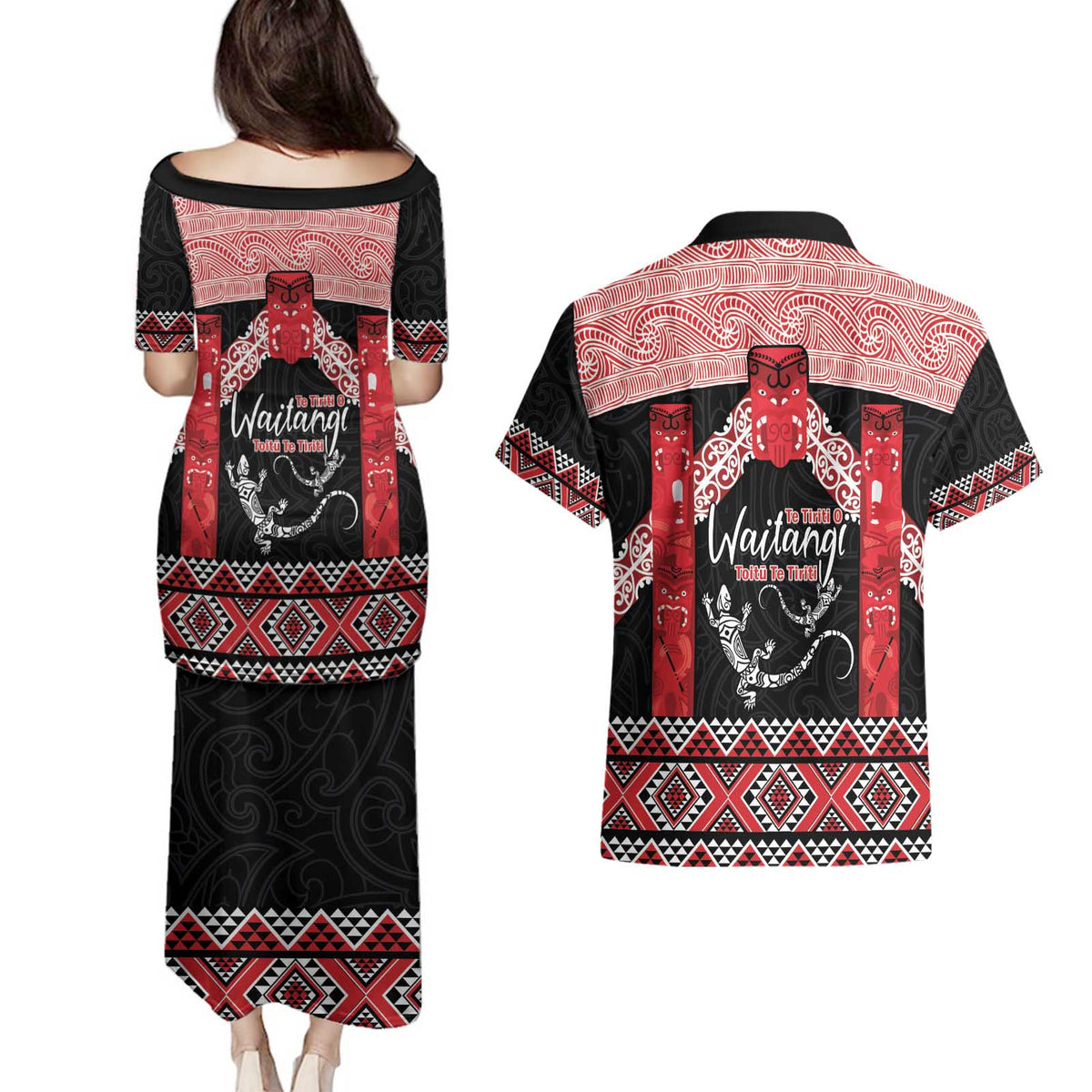 Toitu Te Tiriti O Waitangi Couples Matching Puletasi and Hawaiian Shirt Maori Wharenui With Taniko Motifs LT14 - Polynesian Pride