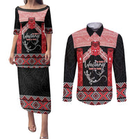 Toitu Te Tiriti O Waitangi Couples Matching Puletasi and Long Sleeve Button Shirt Maori Wharenui With Taniko Motifs LT14 Red - Polynesian Pride