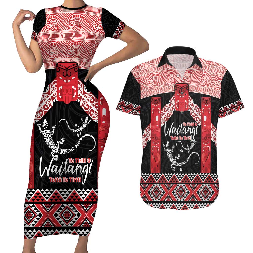 Toitu Te Tiriti O Waitangi Couples Matching Short Sleeve Bodycon Dress and Hawaiian Shirt Maori Wharenui With Taniko Motifs LT14 Red - Polynesian Pride