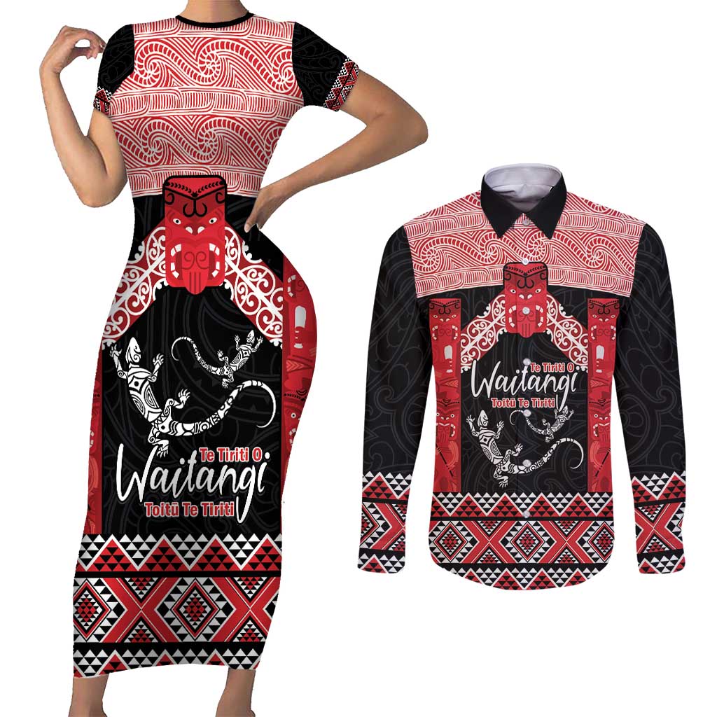 Toitu Te Tiriti O Waitangi Couples Matching Short Sleeve Bodycon Dress and Long Sleeve Button Shirt Maori Wharenui With Taniko Motifs LT14 Red - Polynesian Pride