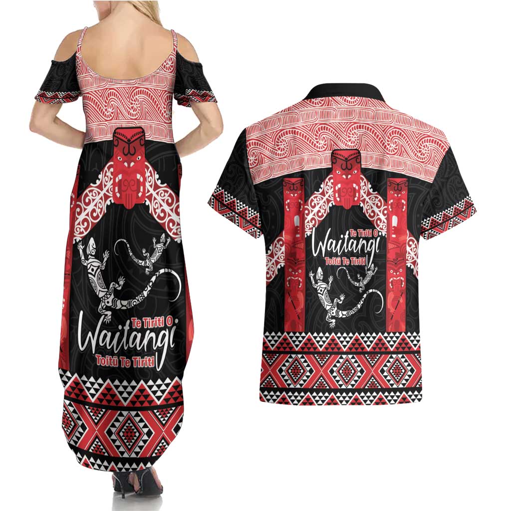 Toitu Te Tiriti O Waitangi Couples Matching Summer Maxi Dress and Hawaiian Shirt Maori Wharenui With Taniko Motifs LT14 - Polynesian Pride