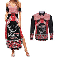 Toitu Te Tiriti O Waitangi Couples Matching Summer Maxi Dress and Long Sleeve Button Shirt Maori Wharenui With Taniko Motifs LT14 Red - Polynesian Pride
