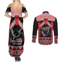 Toitu Te Tiriti O Waitangi Couples Matching Summer Maxi Dress and Long Sleeve Button Shirt Maori Wharenui With Taniko Motifs LT14 - Polynesian Pride