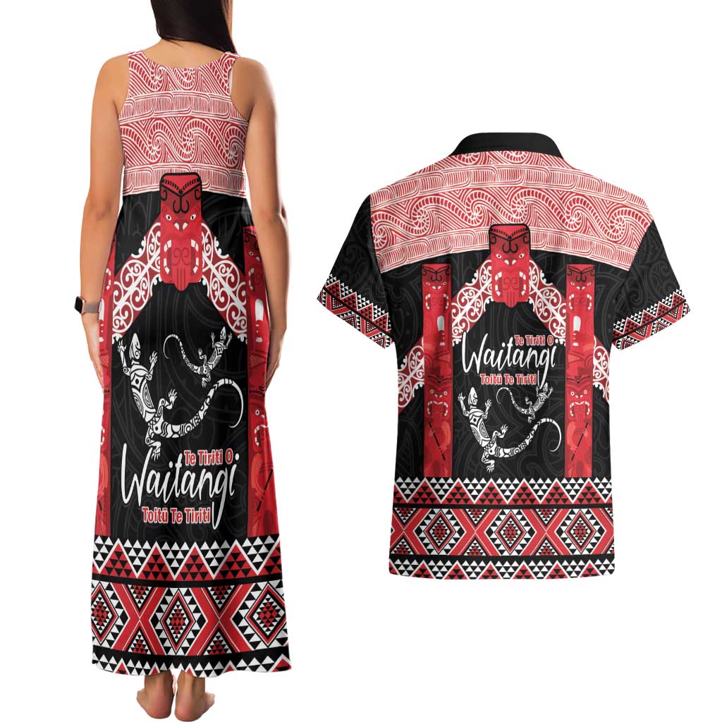 Toitu Te Tiriti O Waitangi Couples Matching Tank Maxi Dress and Hawaiian Shirt Maori Wharenui With Taniko Motifs LT14 - Polynesian Pride
