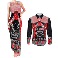 Toitu Te Tiriti O Waitangi Couples Matching Tank Maxi Dress and Long Sleeve Button Shirt Maori Wharenui With Taniko Motifs LT14 Red - Polynesian Pride