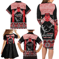 Toitu Te Tiriti O Waitangi Family Matching Long Sleeve Bodycon Dress and Hawaiian Shirt Maori Wharenui With Taniko Motifs LT14 - Polynesian Pride