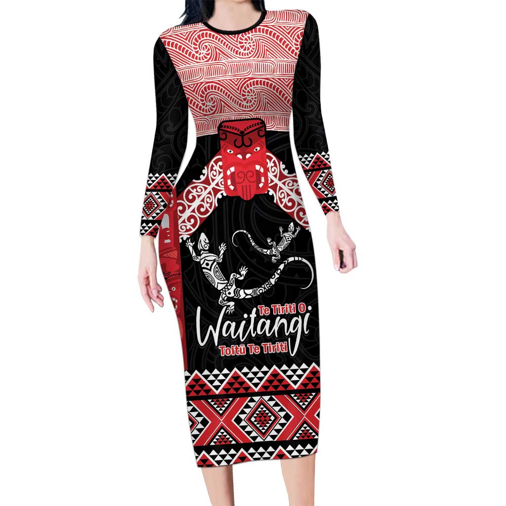 Toitu Te Tiriti O Waitangi Family Matching Long Sleeve Bodycon Dress and Hawaiian Shirt Maori Wharenui With Taniko Motifs LT14 Mom's Dress Red - Polynesian Pride
