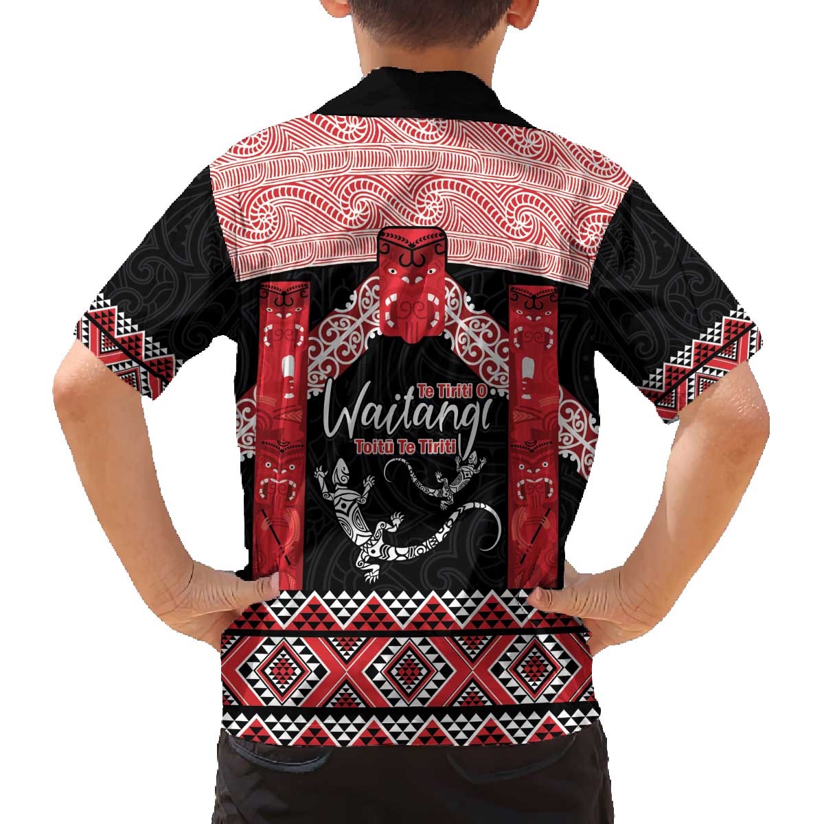 Toitu Te Tiriti O Waitangi Family Matching Off The Shoulder Long Sleeve Dress and Hawaiian Shirt Maori Wharenui With Taniko Motifs LT14 - Polynesian Pride