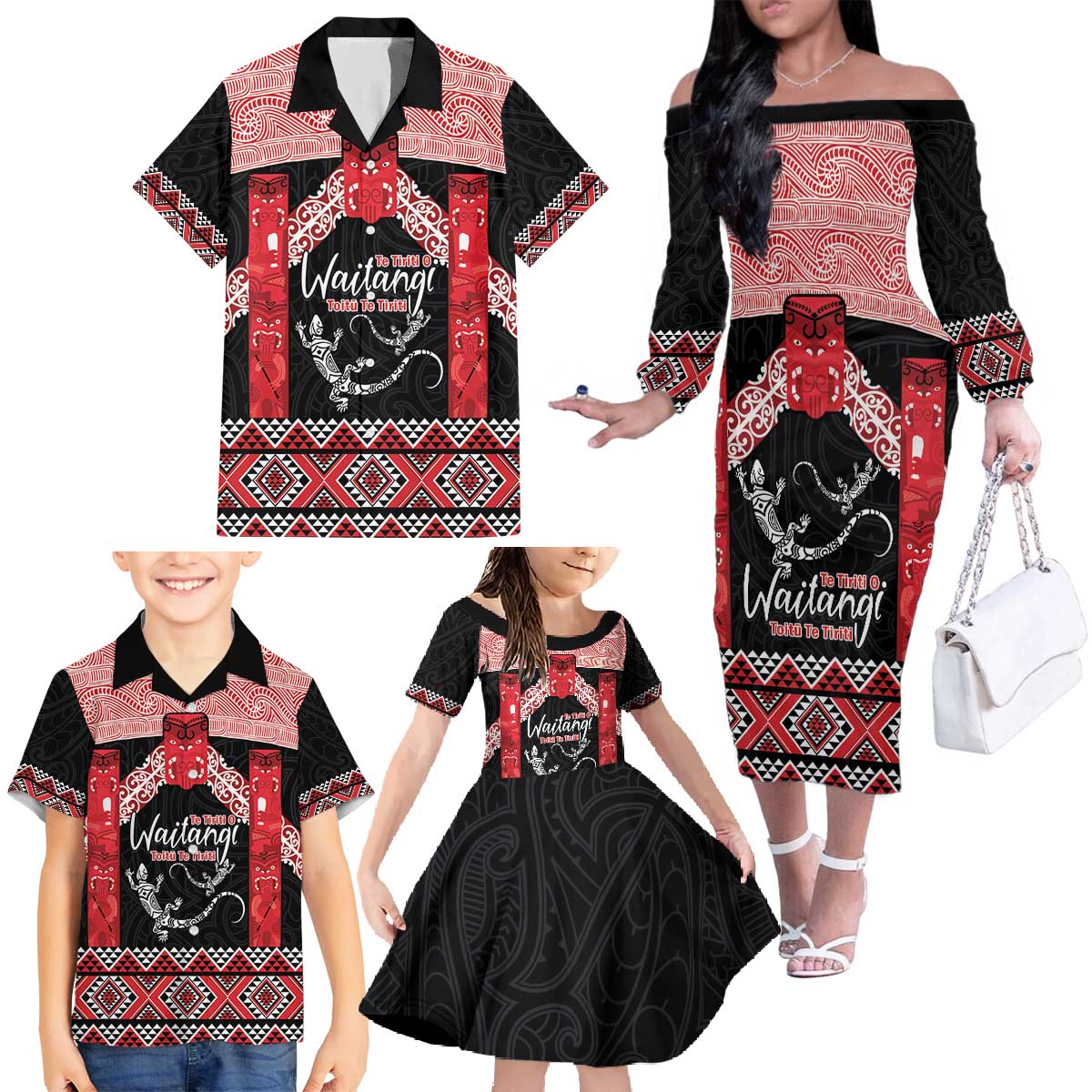 Toitu Te Tiriti O Waitangi Family Matching Off The Shoulder Long Sleeve Dress and Hawaiian Shirt Maori Wharenui With Taniko Motifs LT14 - Polynesian Pride