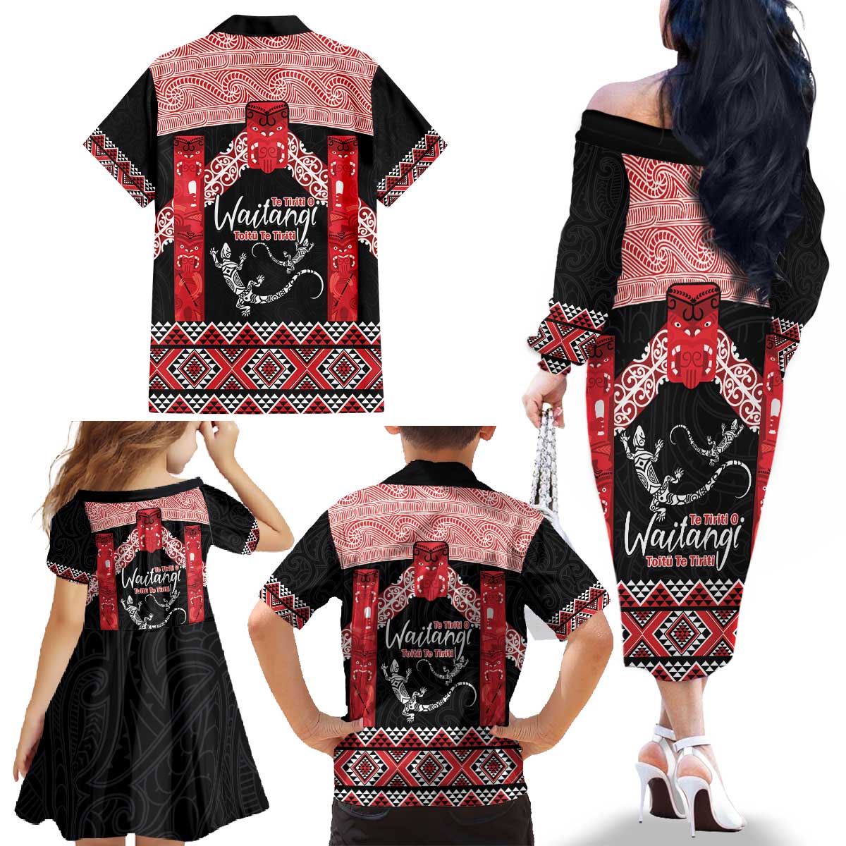 Toitu Te Tiriti O Waitangi Family Matching Off The Shoulder Long Sleeve Dress and Hawaiian Shirt Maori Wharenui With Taniko Motifs LT14 - Polynesian Pride