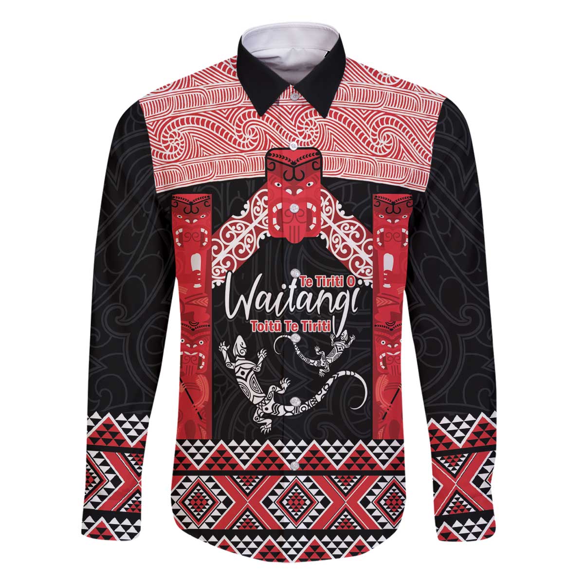 Toitu Te Tiriti O Waitangi Family Matching Off The Shoulder Long Sleeve Dress and Hawaiian Shirt Maori Wharenui With Taniko Motifs LT14 Dad's Shirt - Long Sleeve Red - Polynesian Pride